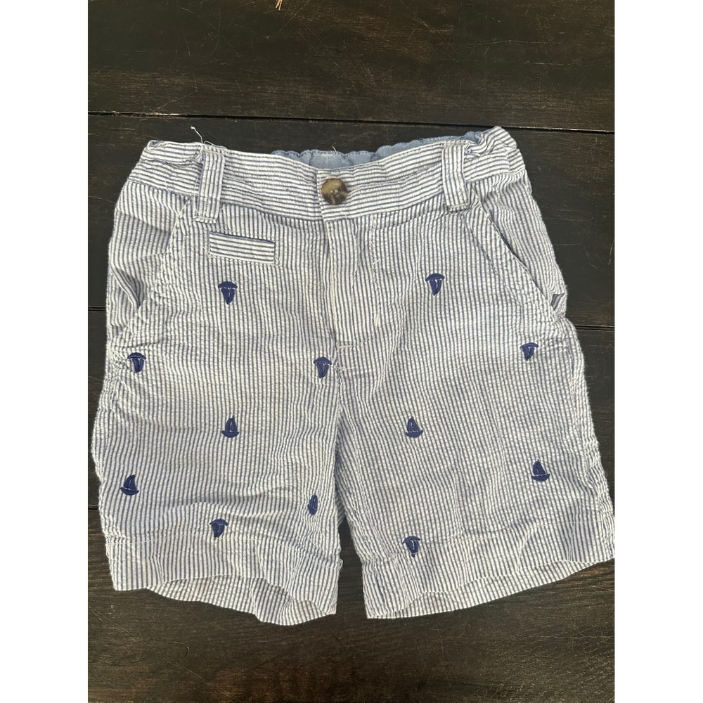 Bowen & Wright Seersucker Shorts Sailboat Print Adjustable Waist‎ 24M